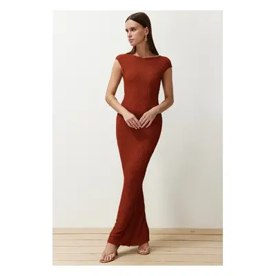 Trendyol Tile Textured Fabric Fitted Moon Sleeve Stretchy Knitted Midi Pencil Dress