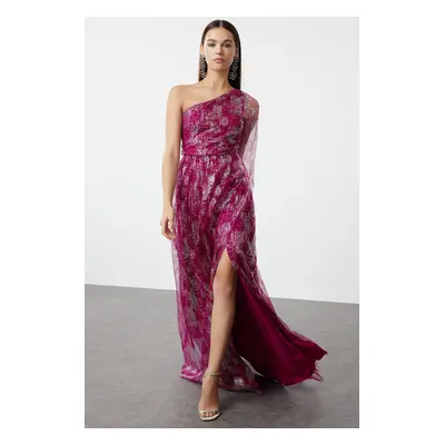 Trendyol Burgundy-Multicolor A-Cut One Shoulder Woven Tulle Long Elegant Evening Dress