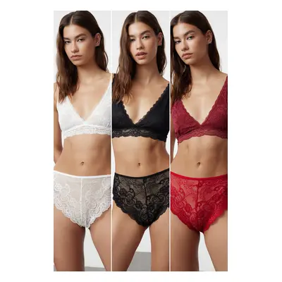 Trendyol Black-Multicolor 3-Pack Lace Openwork/Perforated Hipster Knitted Panties