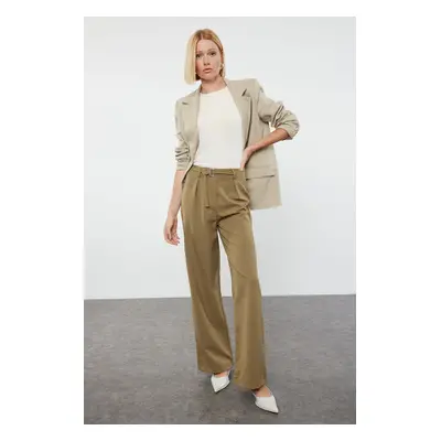 Trendyol Light Khaki Belt Detailed Straight Cut Woven Trousers