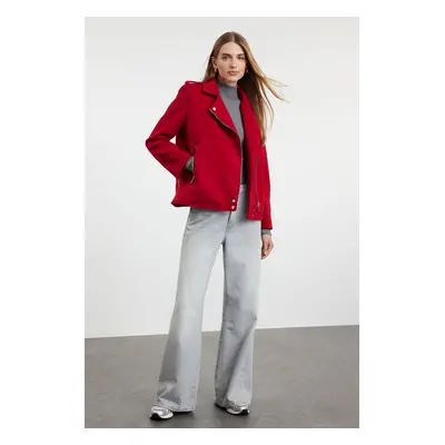 Trendyol Red Regular Pattern Knitted Cashmere Biker Thin Jacket Coat