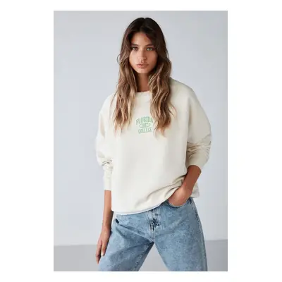 GRIMELANGE Adrielle Relaxed Fit Embroidery Printed Knitted Crew Neck Ecru Sweatshir