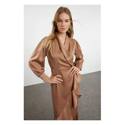 Trendyol Camel Skirt Ruffled Satin Woven Evening Dress