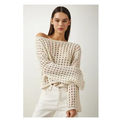 Happiness İstanbul Women's Cream Openwork Crop Knitwear Sweater