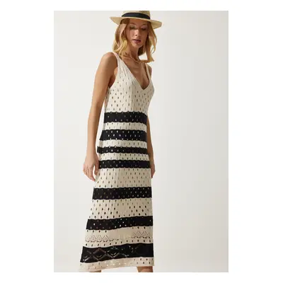 Happiness İstanbul Women's Cream Black Strappy Striped Summer Knitwear Dress