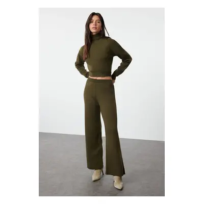 Trendyol Khaki Tie Detail Crop Knitwear Bottom-Top Set