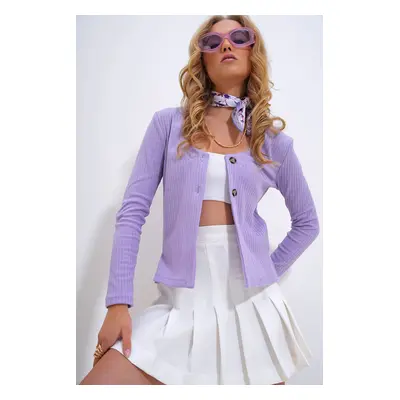 Trend Alaçatı Stili Women's Lilac V-Neck Buttoned Front Interlock Cardigan