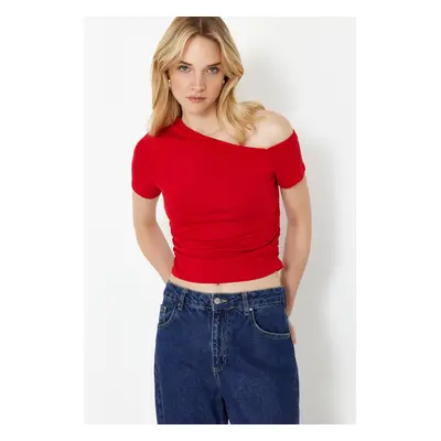 Trendyol Red Gathered Asymmetrical Collar Stretchy Knitted Blouse