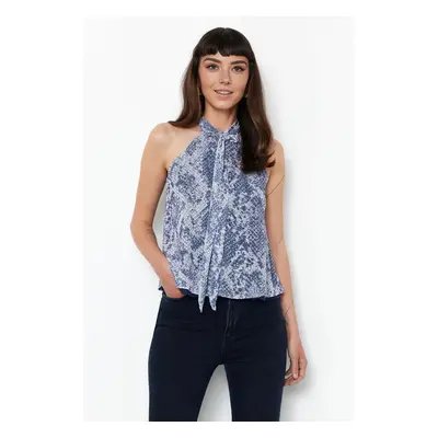 Trendyol Blue Animal/Snake Printed Special Textured Tie Detail Stretchy Knitted Blouse