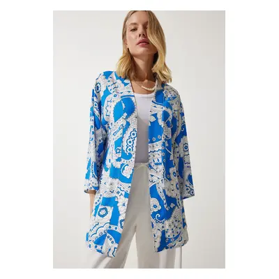 Happiness İstanbul Women's Blue and White Patterned Viscose Kimono