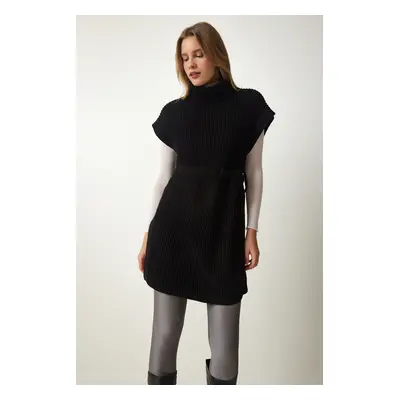 Happiness İstanbul Women's Black Turtleneck Belted Knitwear Sweater