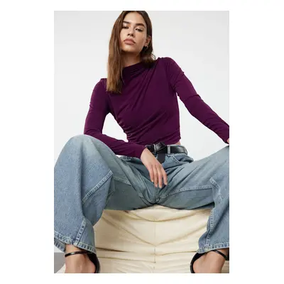 Trendyol Plum Gathered Square Neck Fitted Stretchy Knitted Blouse