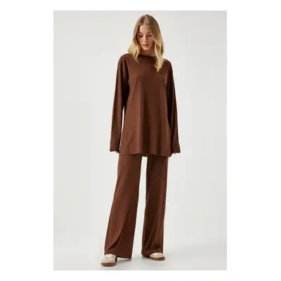 Happiness İstanbul Women's Brown Ribbed Knitted Blouse Pants Suit