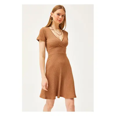 Olalook Women's Camel Double Breasted Collar Short Sleeve Mini Flared Dress