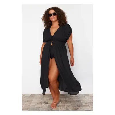 Trendyol Curve Black Low Sleeve Maxi Length Button Detailed Beach Wear Kimono & Kaftan