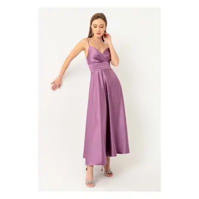 Lafaba Women's Lavender Rope Strap Waist Belted Satin Midi Evening Dress & Graduation Dress