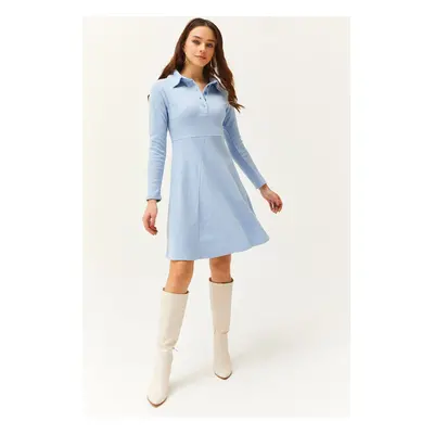 Olalook Women's Baby Blue Polo Collar Buttoned Mini Flared Dress