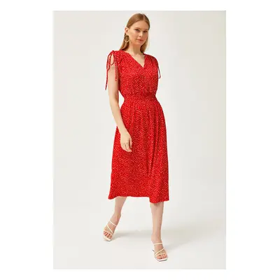 Olalook Women's Red Shoulder Gathered Waist Gimped Dress