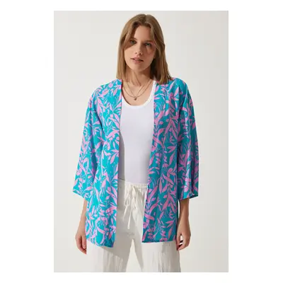 Happiness İstanbul Women's Pink Sky Blue Patterned Viscose Kimono