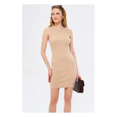 armonika Women's Beige Crew Neck Body-Fitting Sleeveless Dress