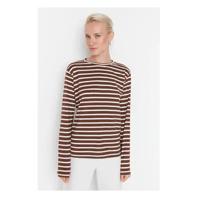 Trendyol Brown Striped Basic Crew Neck Knitted T-shirt