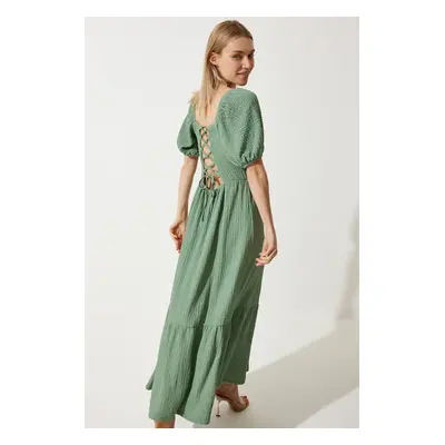 Happiness İstanbul Women's Green Heart Collar Textured Summer Knitted Dress