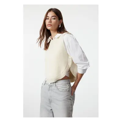 Trendyol Stone Soft Texture Crop Buttoned Knit Sweater