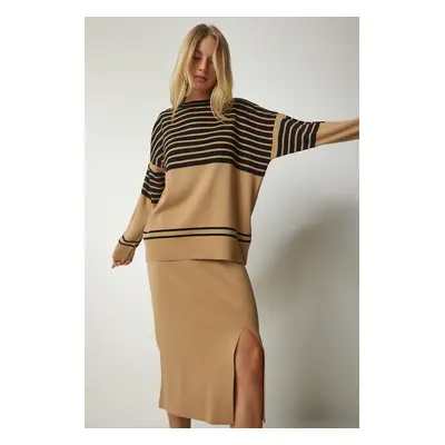 Happiness İstanbul Women's Biscuit Striped Sweater Skirt Knitwear Suit