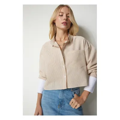 Happiness İstanbul Women's Beige Pinstripe Crop Shirt