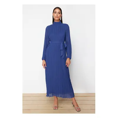 Trendyol Navy Blue Pleated Woven Lined Chiffon Dress