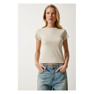 Happiness İstanbul Women's Cream Crew Neck Basic Sandy T-Shirt