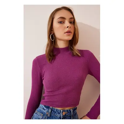 Happiness İstanbul Women's Light Damson Ribbed Turtleneck Crop Knitted Blouse