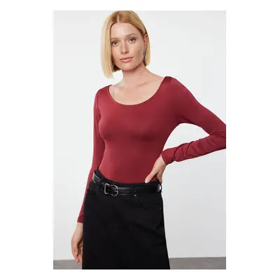 Trendyol Dark Cherry Fitted Long Sleeve Bateau Neck Stretchy Snap Fastener Knitted Bodysuit