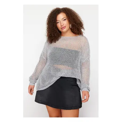 Trendyol Curve Gray Openwork/Perforated Low Shoulder Knitwear Sweater