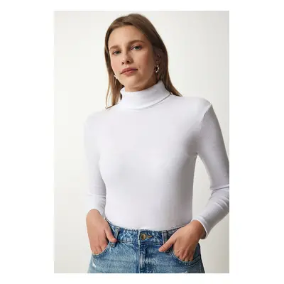 Happiness İstanbul Women's White Turtleneck Ribbed Knitted Blouse