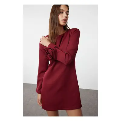 Trendyol Burgundy Straight Cut Rose Detailed Mini Woven Dress