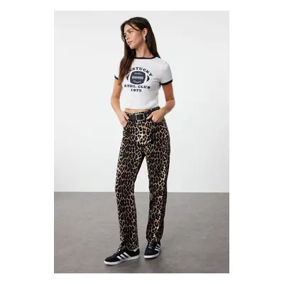 Trendyol Brown Leopard Patterned Straight Cut Woven Trousers