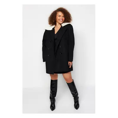 Trendyol Curve Black Regular Fit Fur Collar Detailed Wool Blend Coat