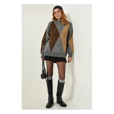 Happiness İstanbul Gray Premium Diamond Pattern Oversize Knitwear Sweater