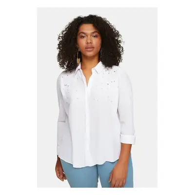 Trendyol Curve White Large Size Stone Embroidered Poplin Woven Shirt