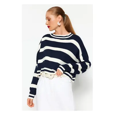 Trendyol Navy Blue Crop Striped Knitwear Sweater