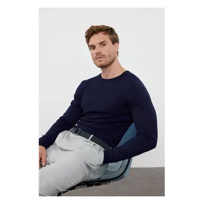 Trendyol Navy Blue Slim Crew Neck Textured Knitwear Sweater