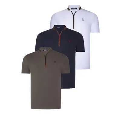 TRIPLE SET T8571 DEWBERRY ZIPPER MENS T-SHIRT-NAVY BLUE-WHITE-KHAKI