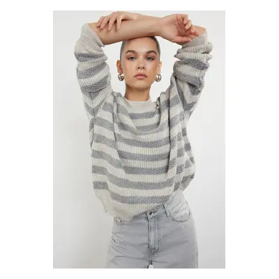 Trendyol Beige Wide Cut Striped Knitted Sweater