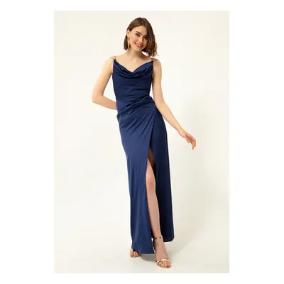 Lafaba Women's Navy Blue Stone Strap Collared Collar Satin Evening Dress.