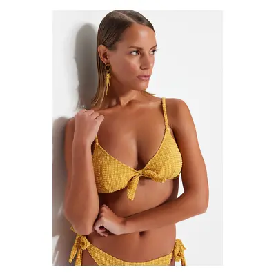 Trendyol Mustard Gingham Textured Triangle Tie Textured Bikini Top