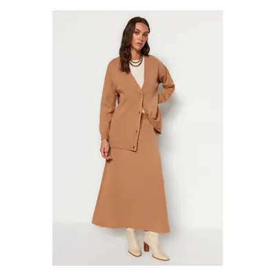 Trendyol Camel Cardigan-Skirt Knitwear Set