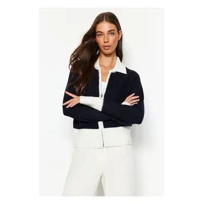 Trendyol Navy Blue Soft Textured Zippered Color Block Knitwear Cardigan