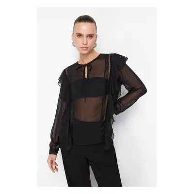 Trendyol Black Flounce Lace Detailed Woven Chiffon Blouse