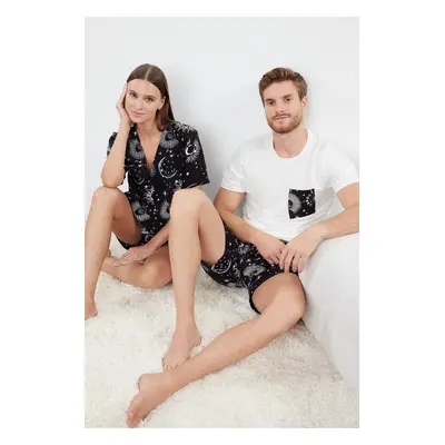 Trendyol Ecru Black Printed Regular Fit Couple Pajama Set with Knitted Shorts